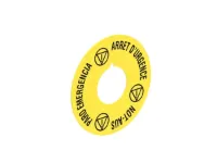 DISQUE JAUNE 60mm 'ARRET D'URGENCE' 'PARO EMERGENCIA' &amp; 'NOT AUS'