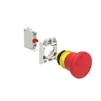 BOUTON COUP-DE-POING PLAST. A ACC., TOURNER POUR DEVER. ISO 13850 AVEC EMB. DE FIX. &amp; CONT. 1NF