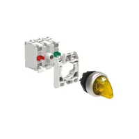 SELECTEUR LUMINEUX A MANETTE 3 POS JAUNE AVEC EMBASE DE FIXATION  1NO+1NF DEL 24V