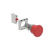 BOUTON COUP-DE POING METAL. TOURNER ISO 13850 ROUGE AVEC EMBASE DE FIXATION 1NF