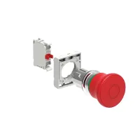 BOUTON COUP-DE-POING METAL. POUS.-POUS. 40mm ISO13850 ROUGE AVEC EMBASE DE FIXATION 1NF